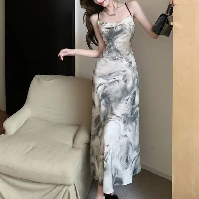 Strap A-Line Dress Maxi Spaghetti Print