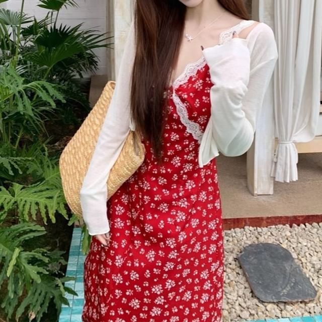 A-Line Dress Maxi / V-Neck Sleeveless Cardigan Print Floral