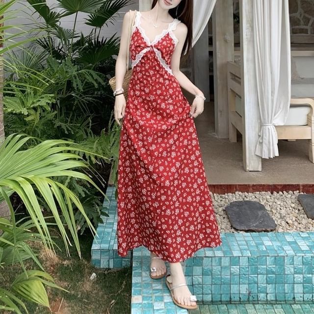 A-Line Dress Maxi / V-Neck Sleeveless Cardigan Print Floral