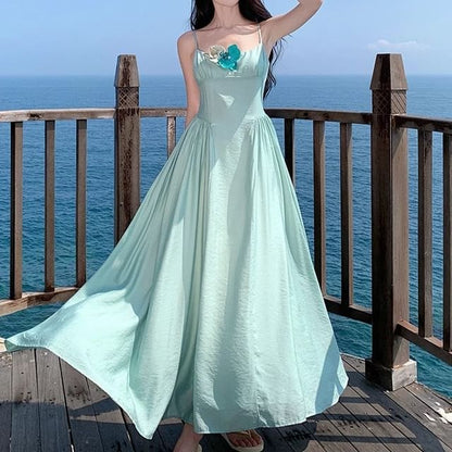 Strap Dress Spaghetti A-Line Floral Accent Maxi