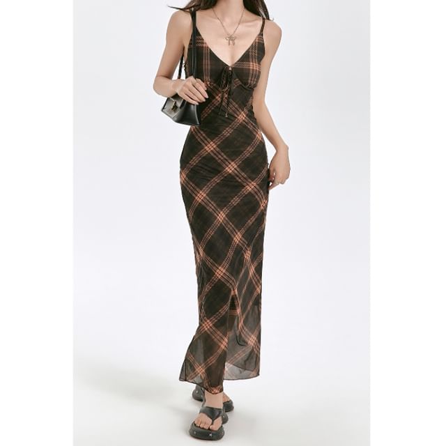 Maxi Plaid Strap Sheath V-Neck Dress Spaghetti