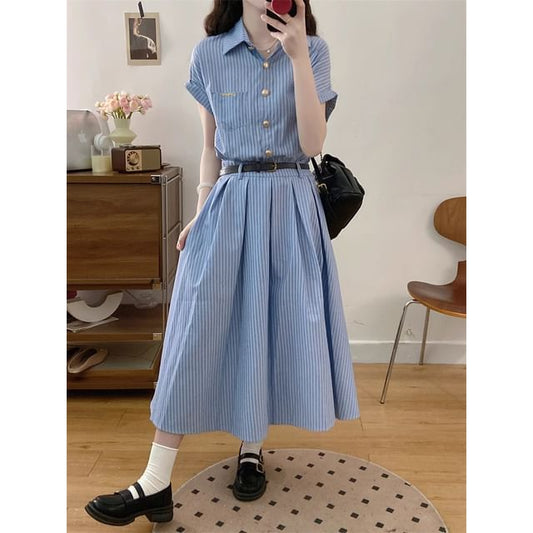 A-Line Short-Sleeve Shirt Striped Dress Maxi