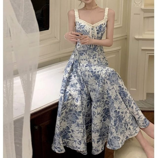 A-Line Dress V-Neck Maxi Sleeveless Floral Print