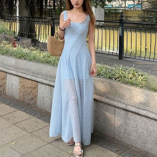 A-Line Neck Maxi Dress Sleeveless Square Plain