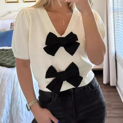 Knit Tone Bow Crop Two Accent Top Puff-Sleeve V-Neck