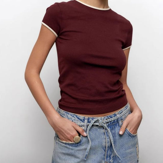 Neck Slim Contrast Fit Short-Sleeve Crop Trim Tee Crew