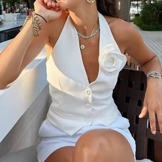Open Back Flower Vest Plain Accent Halter Single-Breasted V-Neck Crop