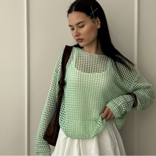 Neck Knit Top Round Perforated Long-Sleeve Plain