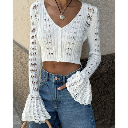 Cardigan Plain Crop Perforated Button-Up V-Neck Flared-Cuff