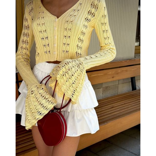 Cardigan Plain Crop Perforated Button-Up V-Neck Flared-Cuff