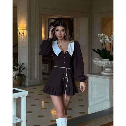 Mini Contrast A-Line Dress Ruffle Button-Up Collar Long-Sleeve Hem