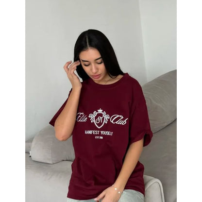 Crew Neck Elbow-Sleeve Embroidered Lettering Tee