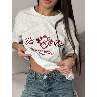 Crew Neck Elbow-Sleeve Embroidered Lettering Tee
