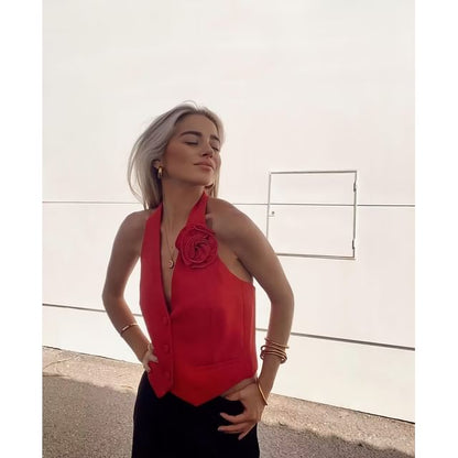 Open Back Flower Vest Plain Accent Halter Single-Breasted V-Neck Crop