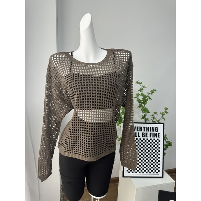 Neck Knit Top Round Perforated Long-Sleeve Plain