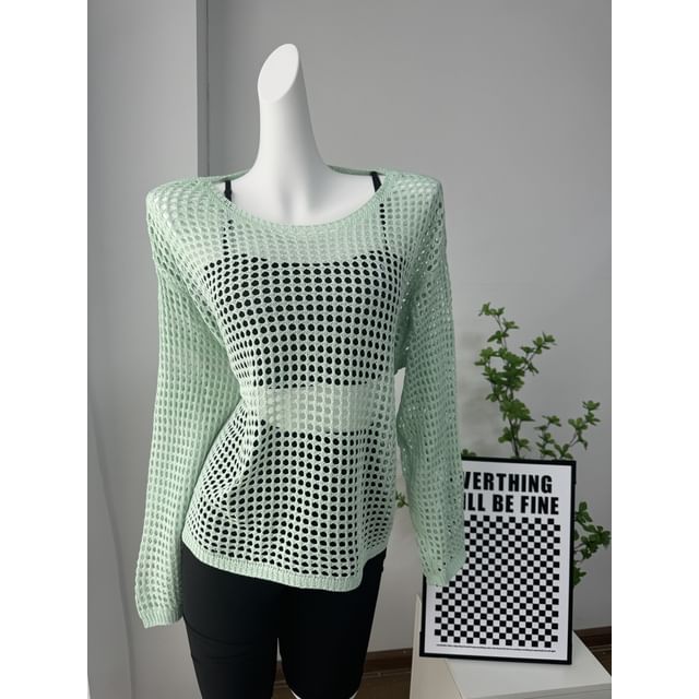 Neck Knit Top Round Perforated Long-Sleeve Plain
