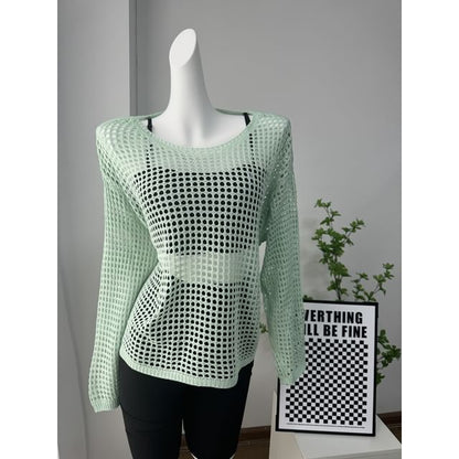 Neck Knit Top Round Perforated Long-Sleeve Plain