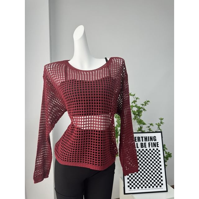 Neck Knit Top Round Perforated Long-Sleeve Plain