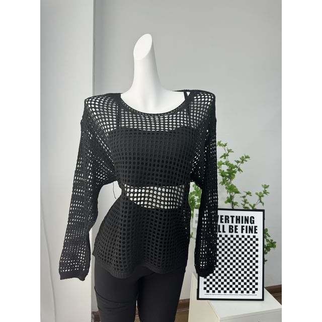 Neck Knit Top Round Perforated Long-Sleeve Plain