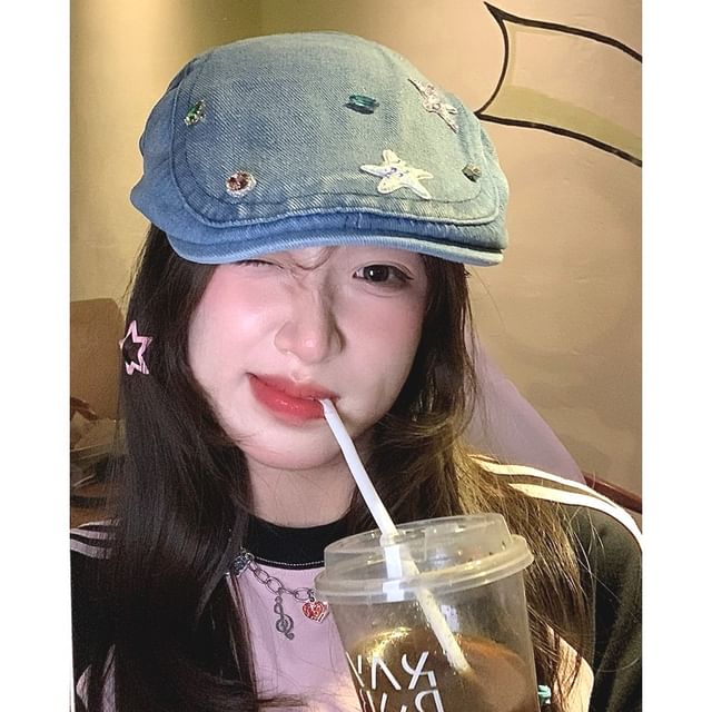 Flat Denim Embellished Cap