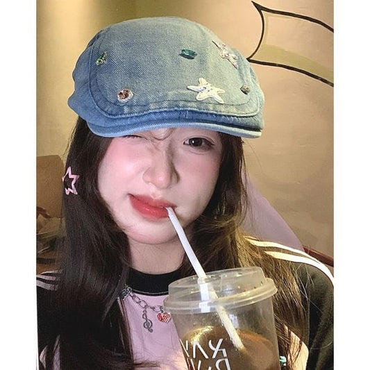 Flat Denim Embellished Cap