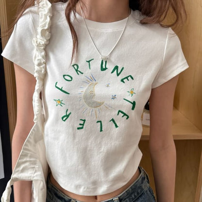T-Shirt Crewneck Crop Lettering Short-Sleeve