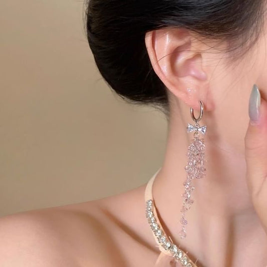 Earring Fringed Bow Rhinestone Huggie Drop