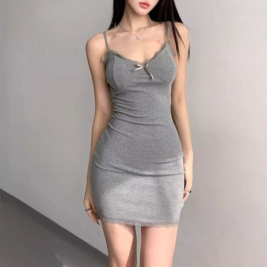 Trim Lace Dress V-Neck Bodycon Strap Mini Spaghetti Plain