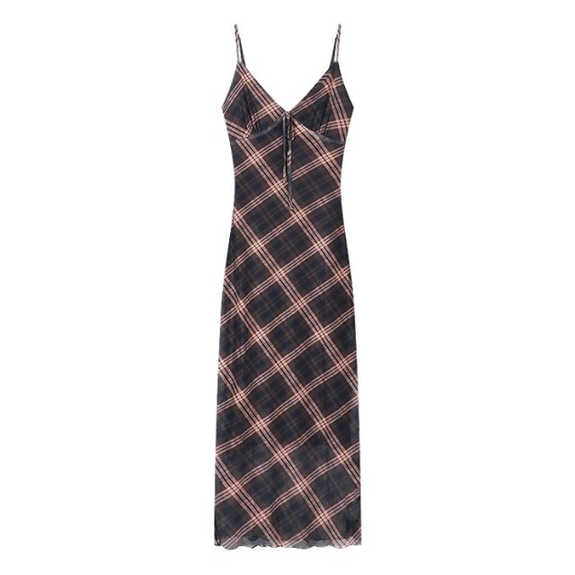 Maxi Plaid Sleeveless V-Neck Dress Print