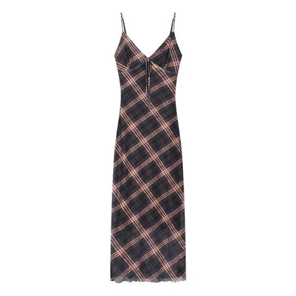 Maxi Plaid Sleeveless V-Neck Dress Print