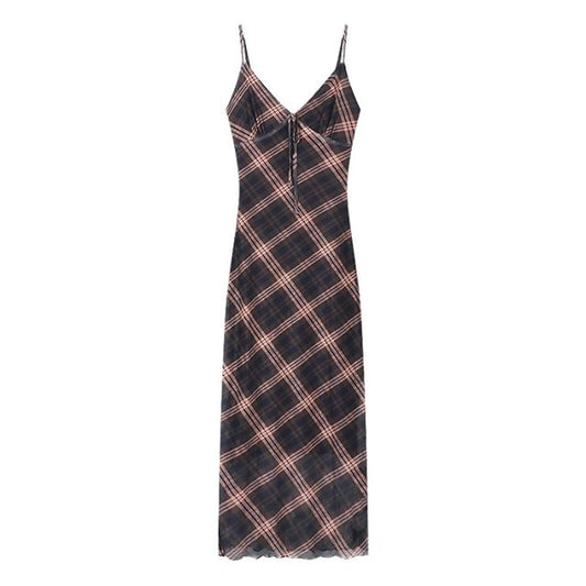 Maxi Plaid Sleeveless V-Neck Dress Print