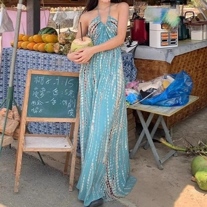 Neck Printed Sleeveless Maxi Dress Halter