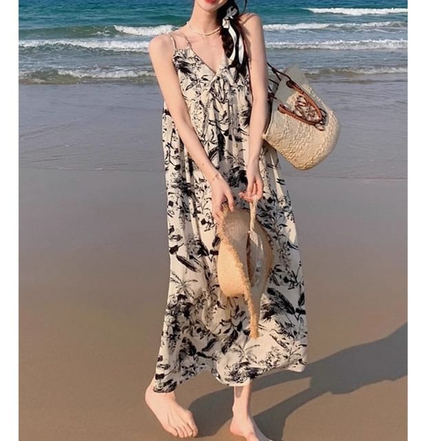 Dress Floral V-Neck Maxi Strap Print Spaghetti