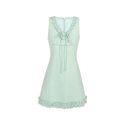 Trim Dress Sleeveless Mini Ruffle V-neck