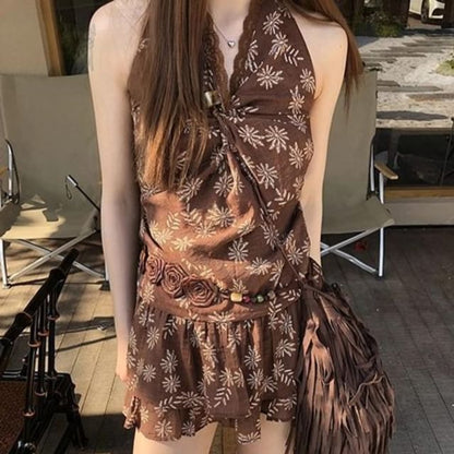 / Print Sleeveless Top Mini V-Neck Skirt