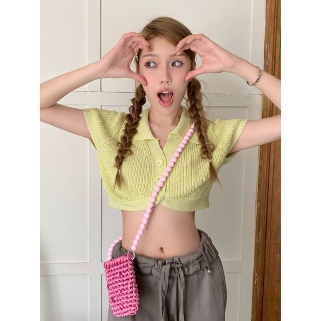 Knit Collared Short-Sleeve Top Plain Crop