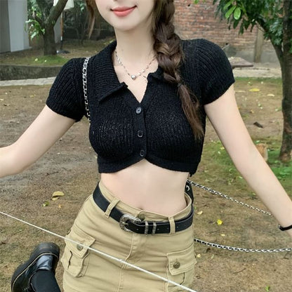 Knit Collared Short-Sleeve Top Plain Crop