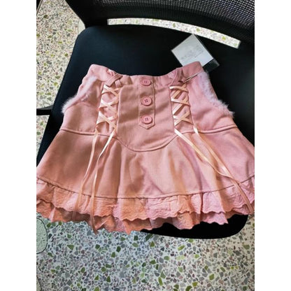 Lace Knit Skirt Waist Mini Tiered Trim High