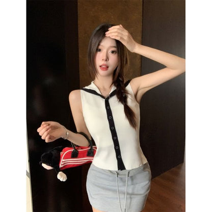 Sleeveless Knit Collar Sailor Button-Up Top