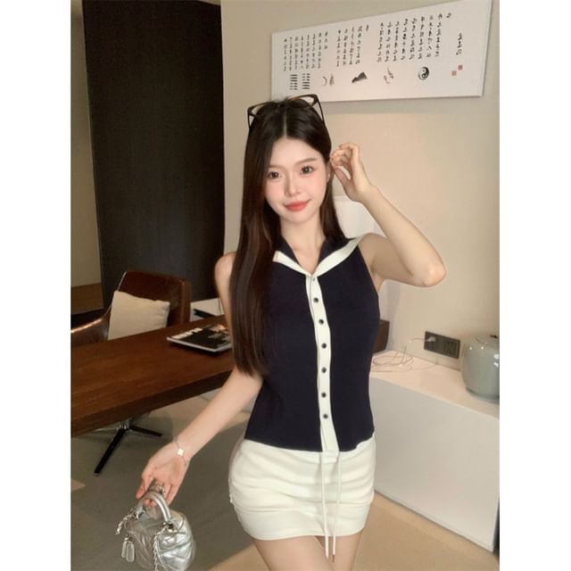 Sleeveless Knit Collar Sailor Button-Up Top
