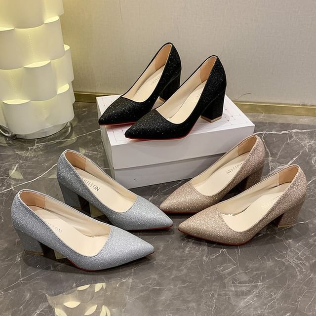 Block Pumps Pointed Glitter Toe Heel