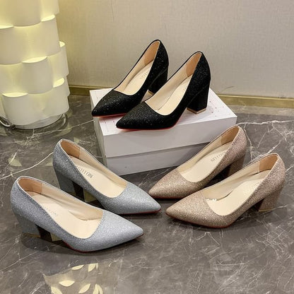 Block Pumps Pointed Glitter Toe Heel