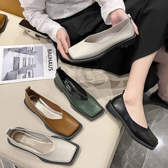 Leather Faux Toe Flats Square