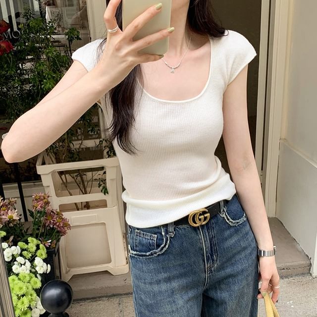 Top Neck Plain Cap-Sleeve Knit Scoop