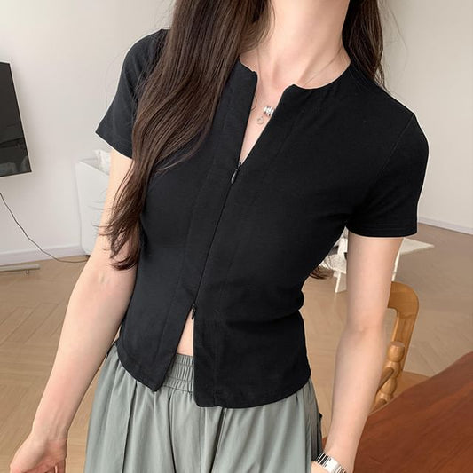 Top Short-Sleeve Plain Knit Zip-Up