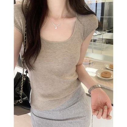 Top Neck Plain Cap-Sleeve Knit Scoop