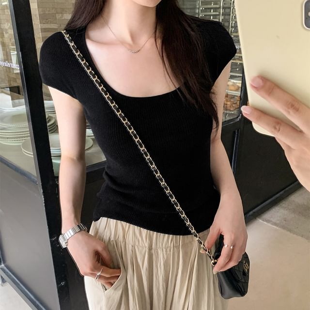 Top Neck Plain Cap-Sleeve Knit Scoop