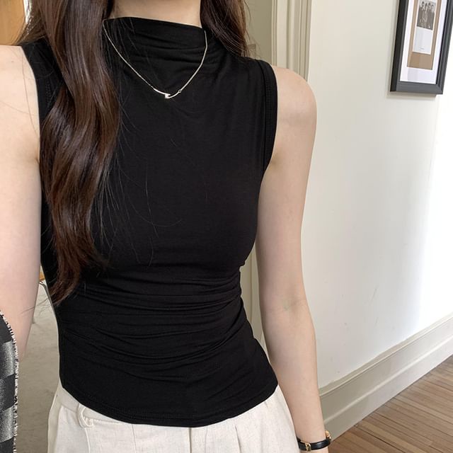 Neck Top Mock Plain Sleeveless