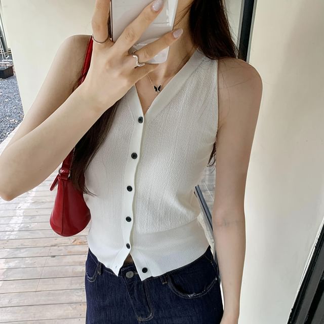 V-Neck Plain Sleeveless Button-Up Top