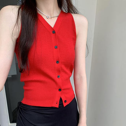 V-Neck Plain Sleeveless Button-Up Top
